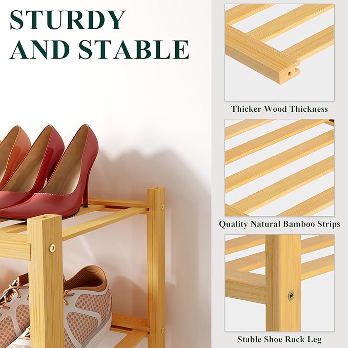 Smiry Bamboo Shoe Rack for Closet, 3 Tier Small Wooden Stackable Shoe Organizer, Free Standing Shoes Storage Shelf for Entryw