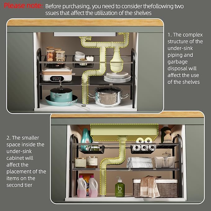 NETEL Under Sink Organizers and Storage, 2 Tier Expandable Under Cabinet Organizer Shelf with 2 Baskets and 6 Panels, Expanda