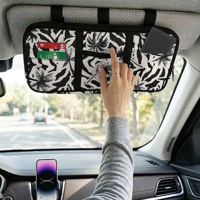 Coconut Tree Zippered Car Sun Visor Organizer with Adjustable Straps and Multi-Pocket Pouch Storage Organizer with Picture Holder Easy Installation Universal Fit for Most Cars SUV