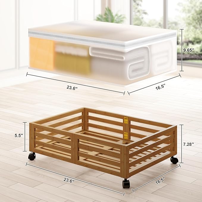 Under Bed Storage Containers With Wheels - 2 Pcs Bamboo Wood Rolling Underbed Shoe Storage Bins With Dust Bags for Clothes Bl