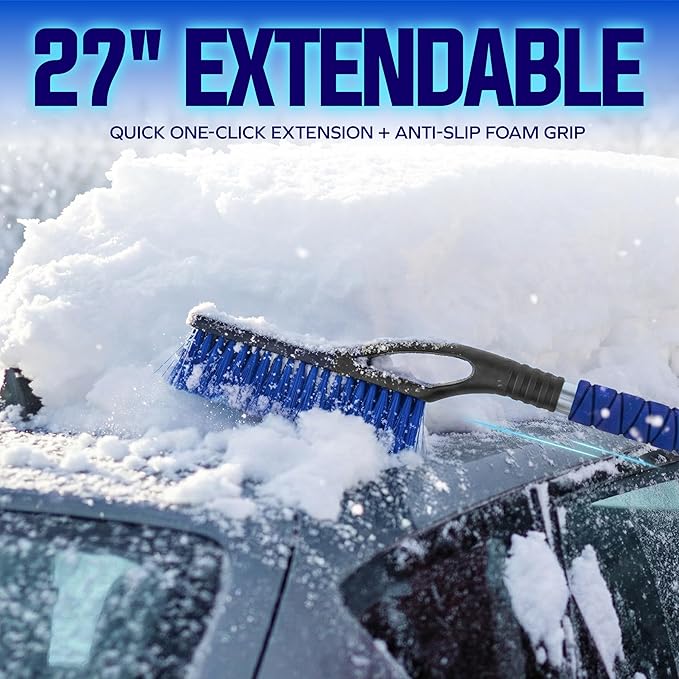 Snow Joe 2 Pack 27" Multi-Purpose Ice Scraper and Extendable Snow Brush for Cars with Foam Grip and 360-Degree Pivoting Brush Head, SJEG-SB27X2