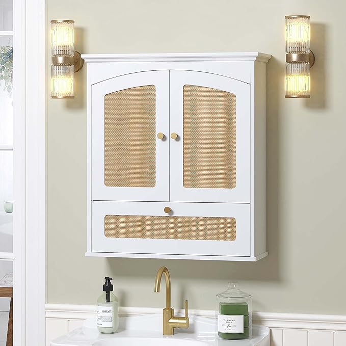 Spirich Bathroom Cabinet Wall Mount, Boho Medicine Cabinet for Bathroom, Over The Toilet Storage Cabinet with Rattan Doors an