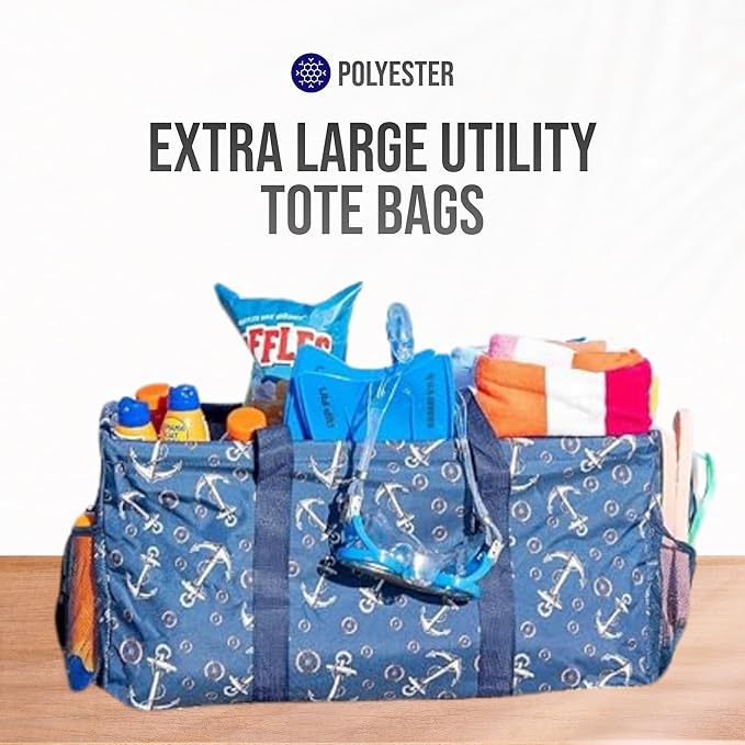 Extra Large Utility Tote Bag - Oversized Collapsible Reusable Wire Frame Rectangular Canvas Basket With Two Exterior Pockets For Beach, Pool, Laundry, Car Trunk, Storage - Anchor