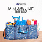 Extra Large Utility Tote Bag - Oversized Collapsible Reusable Wire Frame Rectangular Canvas Basket With Two Exterior Pockets For Beach, Pool, Laundry, Car Trunk, Storage - Anchor