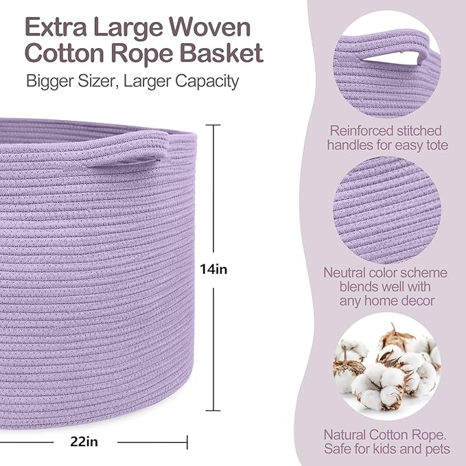 MEGASKET Purple Rope Storage Basket, 22" X 14" Large Woven Baskets, Jumbo Floor Bin for Throw Blankets Pillows, Baby Laundry 
