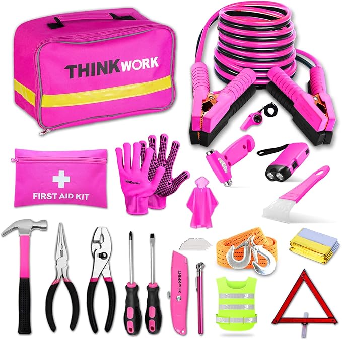 THINKWORK Car Emergency Kit for Teen Girl and Lady's Gifts, Pink Emergency Roadside Assistance kit with Pink Car Tool Set, 10