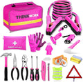 THINKWORK Car Emergency Kit for Teen Girl and Lady's Gifts, Pink Emergency Roadside Assistance kit with Pink Car Tool Set, 10