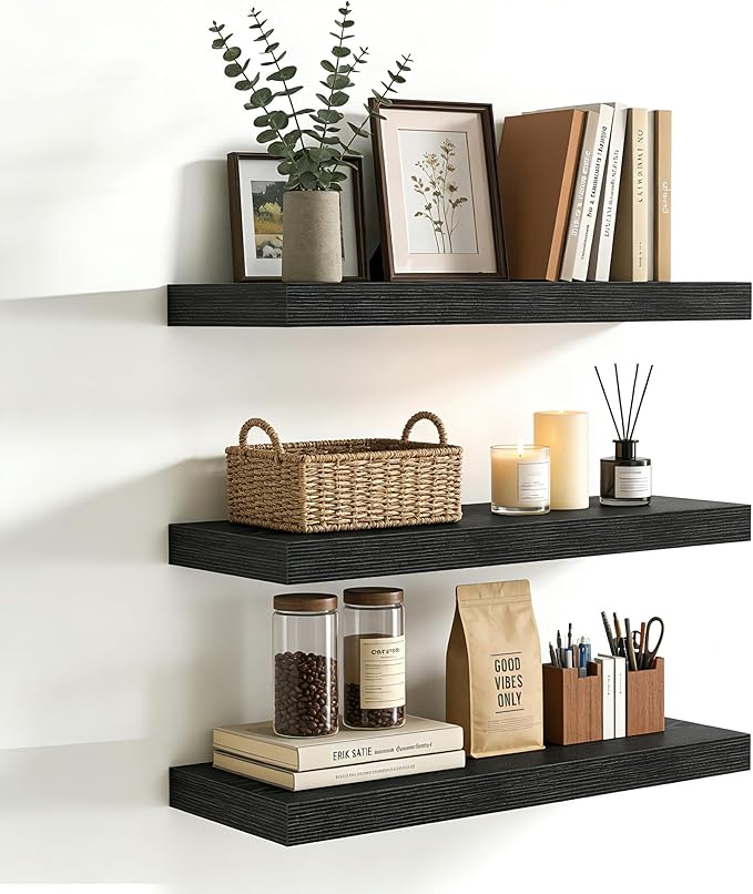 Set of 3 Farmhouse Solid Wood Floating Shelves 22.5 inch Black Wall Mounted Storage Shelves for Bathroom Over Toilet, Bedroom