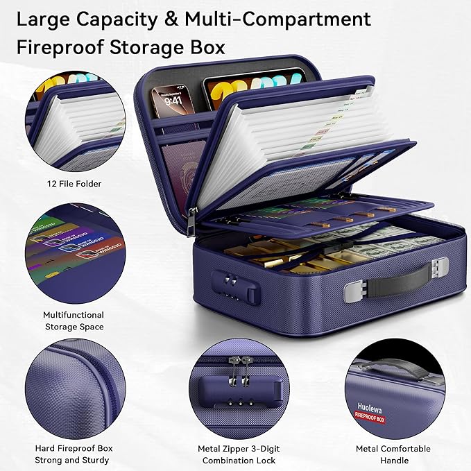 Fireproof Document Box, Hard Case Fireproof Box with Lock, Portable Hard-Shell Fireproof Water Resistant Document Safe for Im