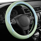 PIC AUTO Steering Wheel Cover, Light Blue Patterned & Green Leather Patchwork Design, Universal Fit 14.5"–15.5", Anti-Slip, O