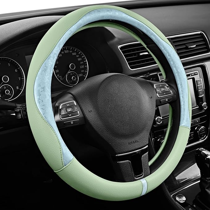 PIC AUTO Steering Wheel Cover, Light Blue Patterned & Green Leather Patchwork Design, Universal Fit 14.5"–15.5", Anti-Slip, O