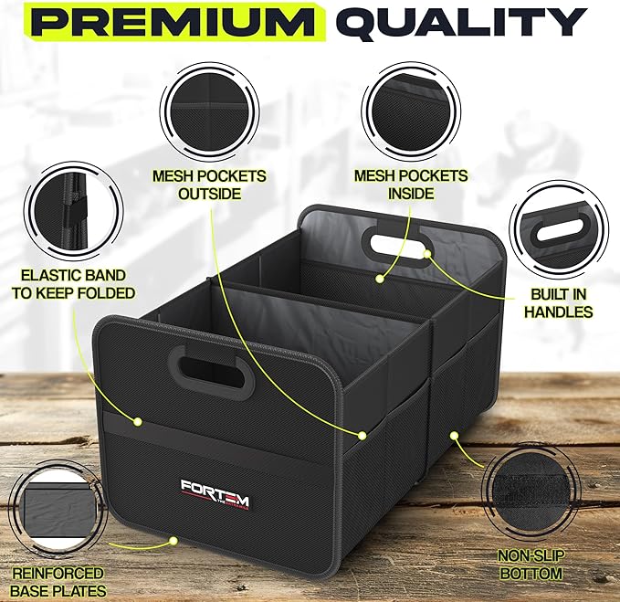 FORTEM Car Trunk Organizer, Collapsible Two Compartment Organizer, Foldable SUV & Truck Storage for Car Accessories for