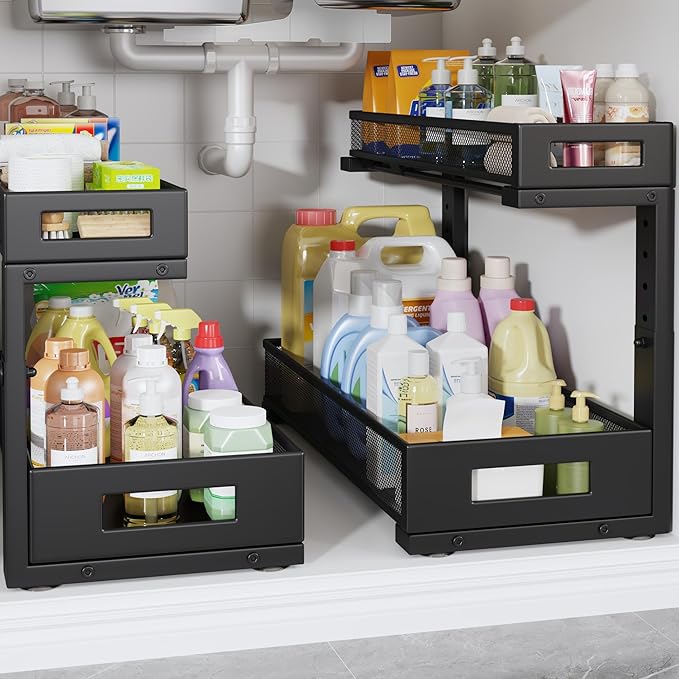 2 Pack 19IN Depth Under Sink Storage Organizer, Large 2-Tier Elegant Mesh Pull Out Shelf for Kitchen and Bathroom Cabinet Org