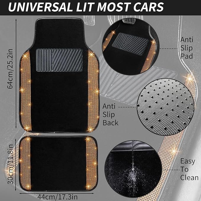 NBTEPEM Bling Car Floor Mats Full Set and Steering Wheel Cover, Universal Fit Most Cars, 4 pcs Sparkle Glitter Diamond Carpet, 5 pcs Bling Car Accessories Set for Women (Orange Diamond)