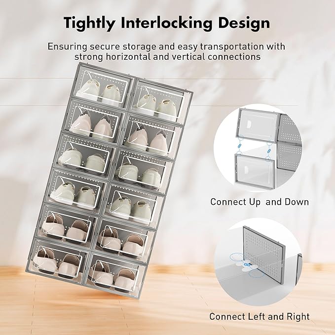 Foluck Shoe Storage Box, 15 Pack Clear Plastic Stackable Shoe Organizer for Closet, Interlocking Design Shoe Container Bins f