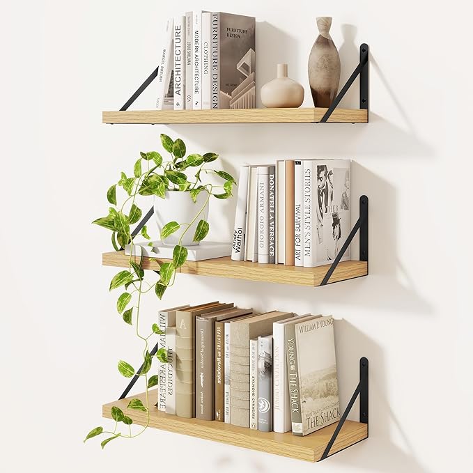 Book Shelf for Wall, Oak Shelf, Floating Shelves with Brackets, 16 inch Wall Shelves Set of 3, Particle Board Shelving for Ki