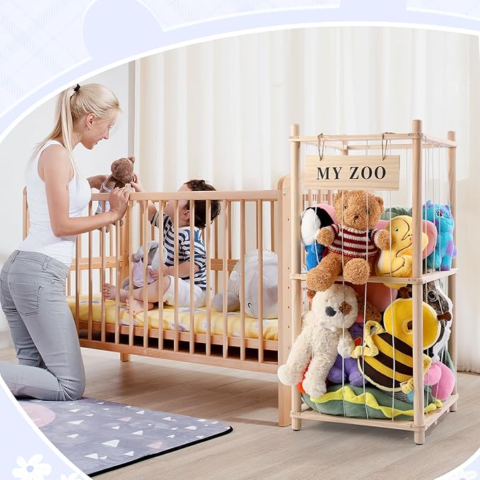 GLDZI Stuffed Animal Storage Zoo, Wooden Stuffed Animal Organizer with Elastic Cords for Boys Girls, Space Saving Toy Plushie