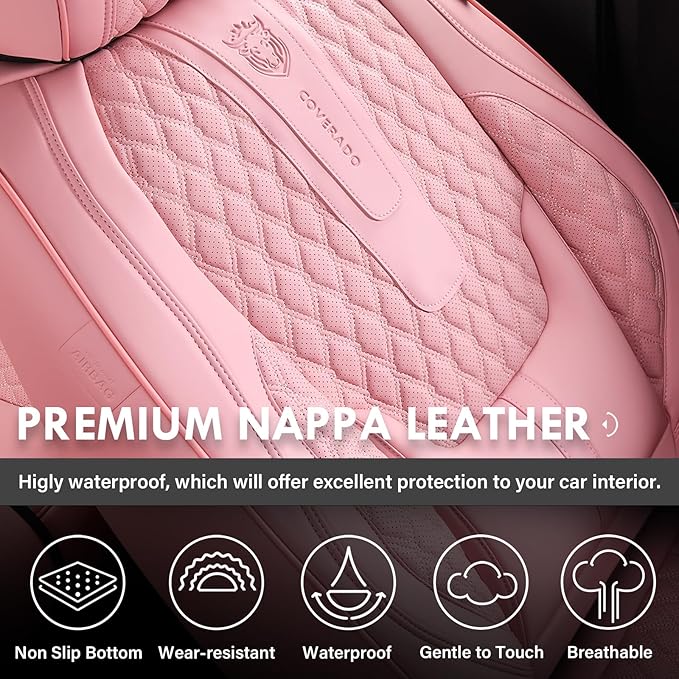 Coverado Seat Covers Front Seats, Pink Car Seat Cover with Lumbar Support, Waterproof Car Seat Cushion, Front Car Seat Covers