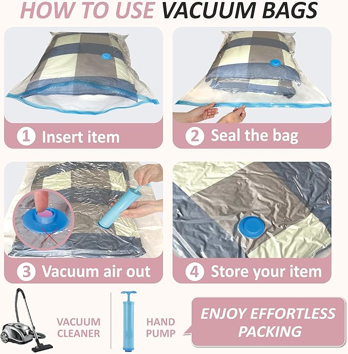 Cozy Essential Vacuum Storage Bags, 80% Compression Vacuum Seal Space Saver Plastic Packaging Bags for Clothes, Blankets, Pil