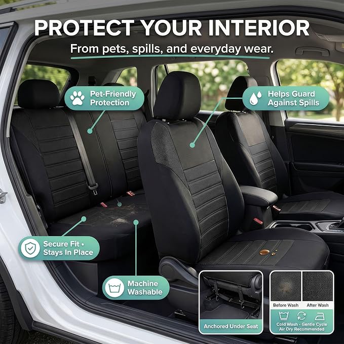 FH Group Automotive Car Seat Covers Full Set Premium 3D Air Mesh Front Seat Covers, Airbag Compatible & Split Bench Cover Uni
