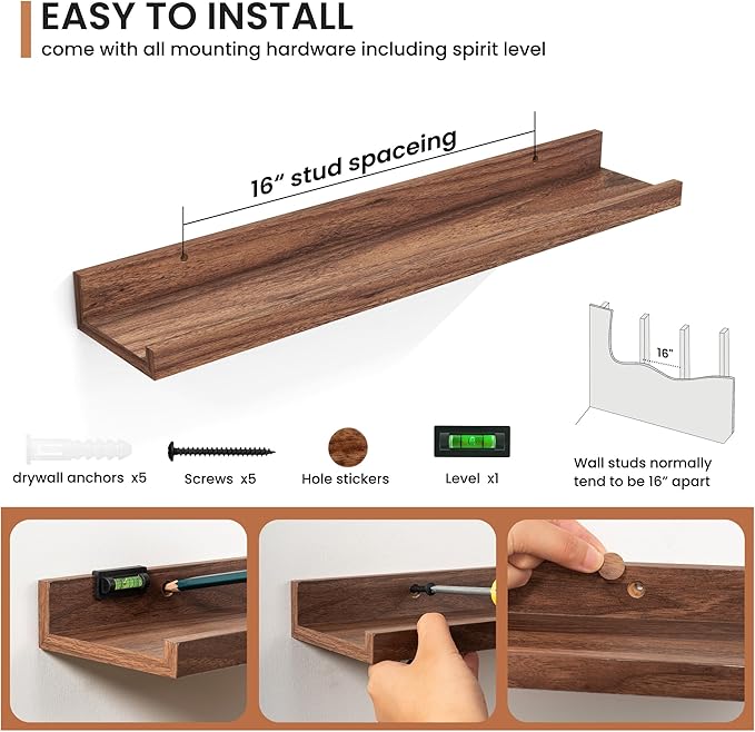 Fun Memories Picture Ledge Shelves Set of 2, 24 Inch Rustic Wall Mounted Floating Shelves with Lip for Home Storage and Décor