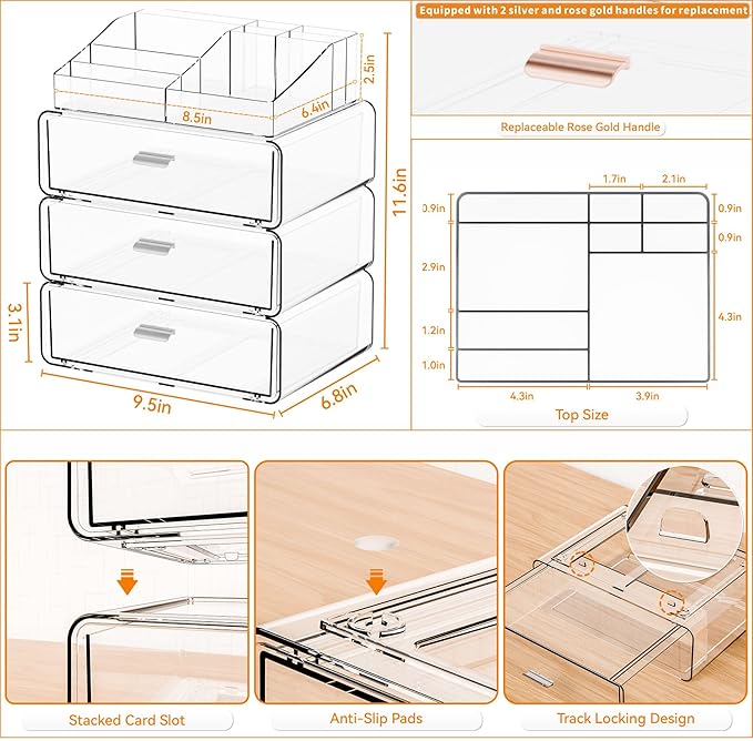 Yieach 4 Tier Clear Acrylic Makeup Organizers with Drawers,Tiered Countertop Make up Storage Organizer for Dresser Top and Ba