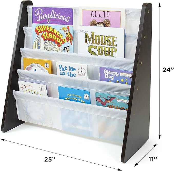 Humble Crew 4-Tier Kids Bookshelf, Espresso Wood/White - Premium Book Shelf for Kids Rooms with Four Deep Pockets - Toddler S