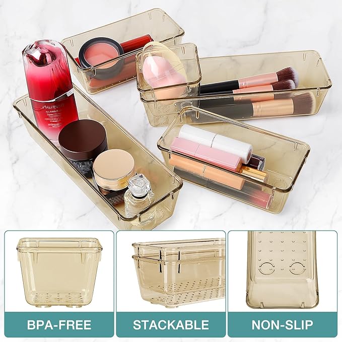 StorMiracle 13 PCS Drawer Organizer Set, 5 Varied Size Bathroom and kitchen Drawer cabinet organizer Trays, Clear Storage Bin