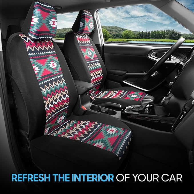 BDK Pink Inca Car Seat Covers for Front Seats, 2 Pack– Geometric Print Front Seat Cover Set with Matching Headrest, Sideless 