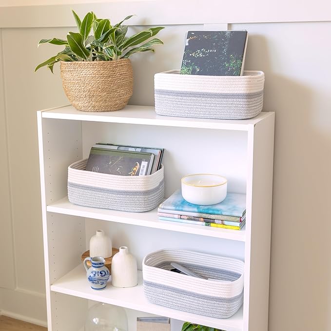NaturalCozy 13.5”x8.5”x5.5” Storage Baskets for Shelves 3 Pack | Cotton Rope Woven Small Baskets for Organizing | Small Stora
