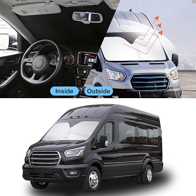 Front Windshield Sun Shade Foldable Car Front Window Sun Shade Windshield Shade Custom Fit for 2022-2026 Ford E-Transit Block UV Rays Car Accessories Heat Keep Cooler