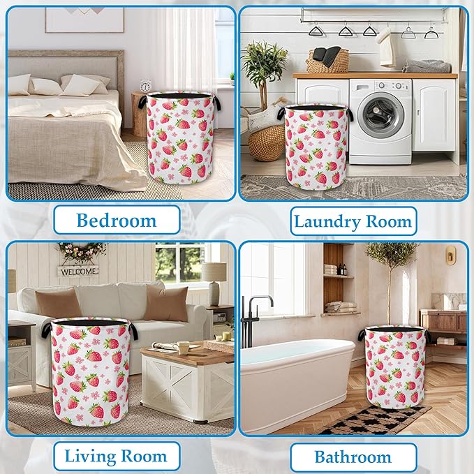 Straberry Flower Laundry Basket Collapsible Laundry Hamper Clothes Toy Storage Bin for Bathroom Bedroom Room Decor 16" X 20.8