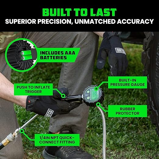 Rhino USA Digital Tire Pressure Gauge with Inflator (0-200 PSI) - Heavy Duty Air Chuck and Compressor Accessories with Stainless Braided Hose, Large 2" Dial and Solid Brass Hardware for Truck and RV