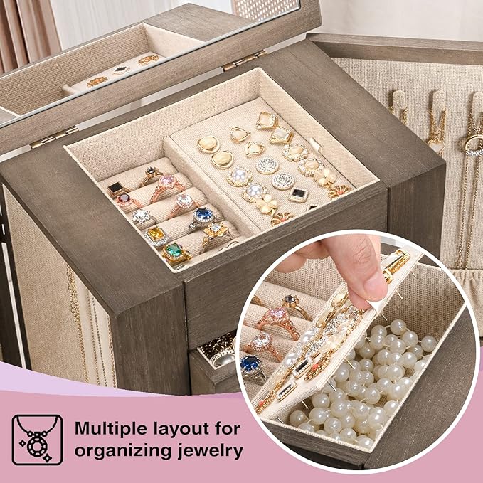 Emfogo Jewelry Box for Women, 5 Layer Large Wood Jewelry Boxes & Organizers for Necklaces Earrings Rings Bracelets, Rustic Je