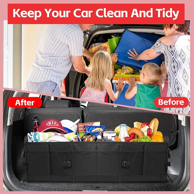 Car Trunk Organizer,Heavy Duty Collapsible 95 L Capacity Car Trunk Storage Organizer,Multi-Compartment Pockets, Adjustable Stra