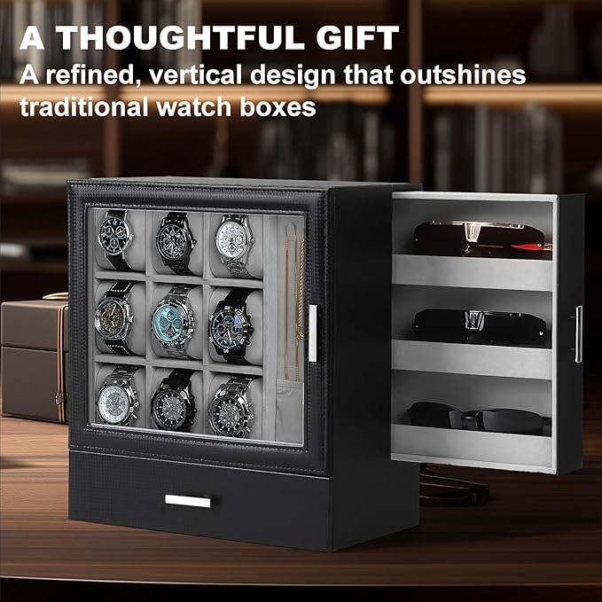 9-Slot Watch Display Case with Necklace Display, High End Men Jewelry Box w/ Drawer, Standing Watch Box for Men w/ Clear Lid,