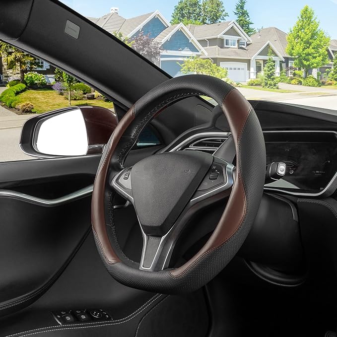 SEG Direct D Shaped Steering Wheel Cover, Flat Bottom Car Wheel Cover 14 1/2-15 in. (37-39 cm), Black and Mocha Brown Microfi