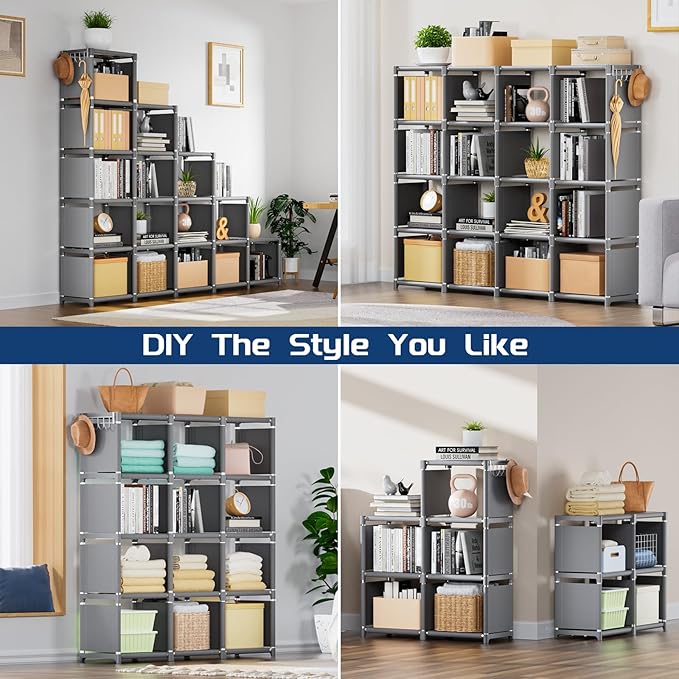 Mavivegue Book Shelf, 16 Cube Storage Organizer, DIY Bookcase, Metal Cube Bookshelf,Tall Book case for Bedroom, Living Room,O
