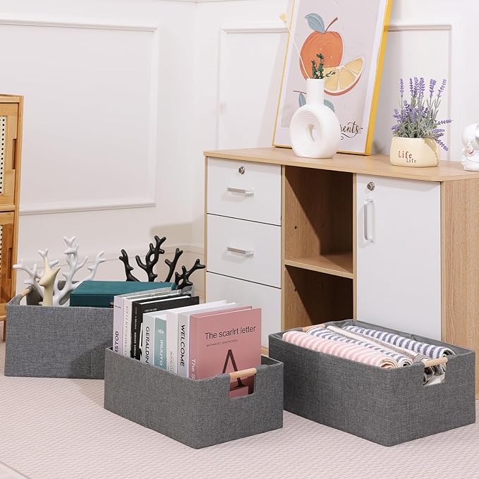 ANMINY 2PCS Storage Baskets for Organizing Collapsible Fabric Storage Bins Boxes with Wood Handles Closet Shelves Cube Organi