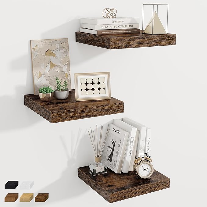 Fun Memories 12 Inch Square Floating Shelves 3 Pack - Wall Shelves with Invisible Brackets, Small Floating Shelves for Wall, 