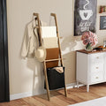 67-Inch Farmhouse Blanket Ladder with Basket, Rustic Wooden Display Ladder for Throws, Blankets, Quilts & Towels, Sturdy Wall