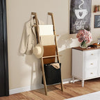 67-Inch Farmhouse Blanket Ladder with Basket, Rustic Wooden Display Ladder for Throws, Blankets, Quilts & Towels, Sturdy Wall