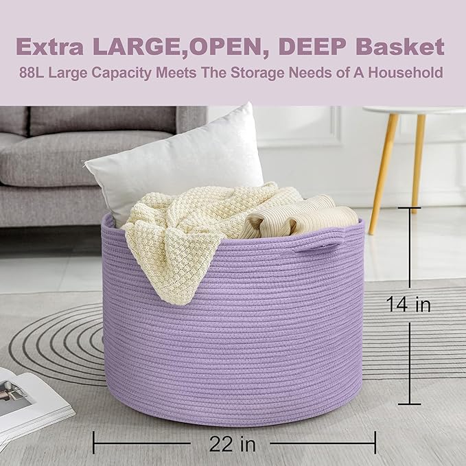 MEGASKET Purple Rope Storage Basket, 22" X 14" Large Woven Baskets, Jumbo Floor Bin for Throw Blankets Pillows, Baby Laundry 