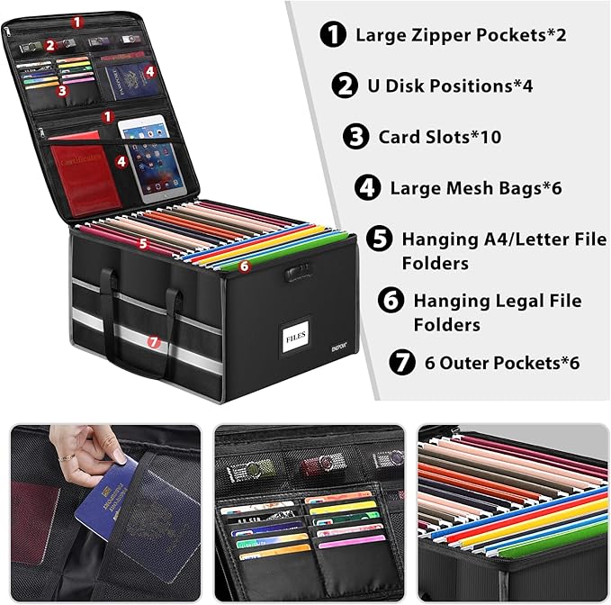 ENGPOW Fireproof Document Box with Lock, File Storage Organizer Box with Inserts ＆Mesh Pockets, Collapsible Portable Large Fi