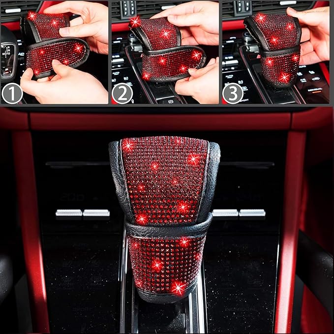 NBTEPEM 30 Pcs Red Bling Car Accessories Set for Women, Red Steering Wheel Cover Set, Bling Console Cover, Seat Belt Cushion, Shift Knob Cushion, Cup Holder Coaster, Rhinestone Car Hanging Accessories