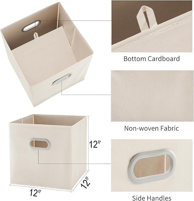 MAX Houser 6 Pack Foldable Fabric Storage Bins with Handles - Ideal for Closet Organization, Bedroom and Nursery（ Beige, 12"x