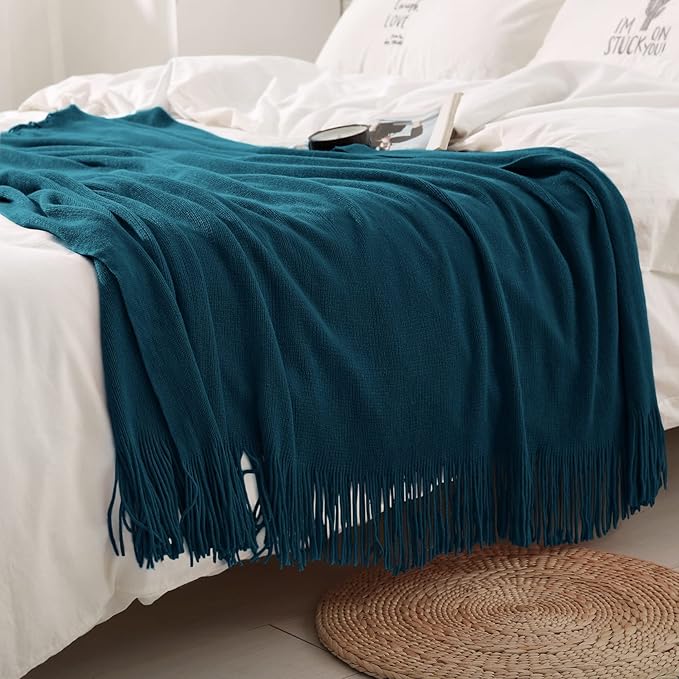 Homiest Decorative Knitted Throw with Fringe, Lightweight Acrylic Knit Blanket, Soft & Cozy Tassel Blanket for Couch, Sofa, B