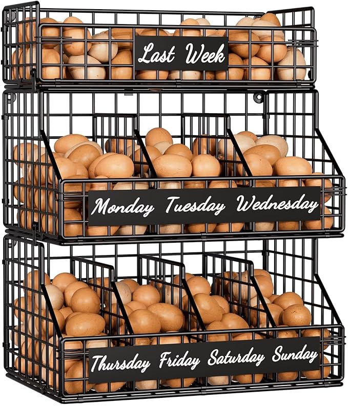 Egg Holder Countertop with Dividers & Labels, 3 Tier Stackable Chicken Egg Holder Egg Baskets for Gathering Fresh Eggs, Egg O