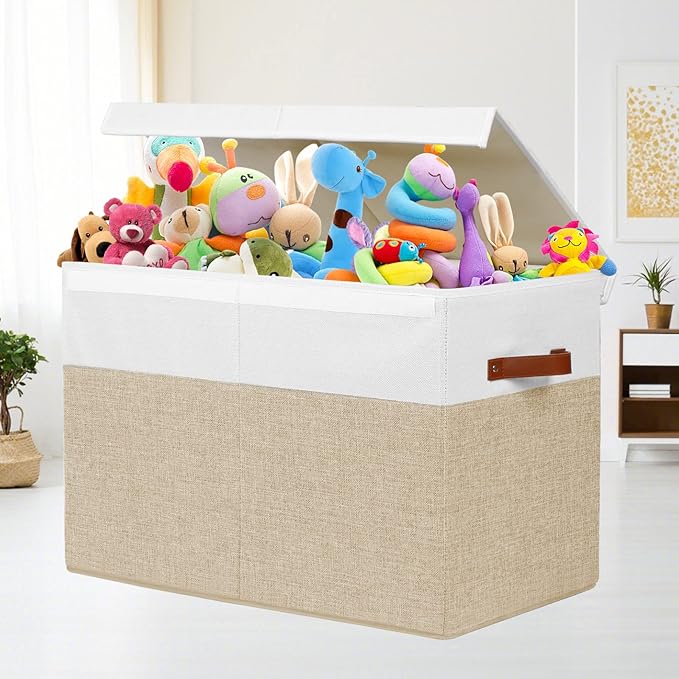 Gowee Large Toy Storage Box with Lid, Sturdy Toys Storage Chest Bin Organizer Basket with Dividers for Kids, Boys, Girls, Nur