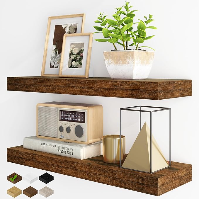 Fun Memories Floating Shelves for Wall, 24Inch Floating Shelves Set of 2, Hanging Shelf with Invisible Brackets, Wood Shelves